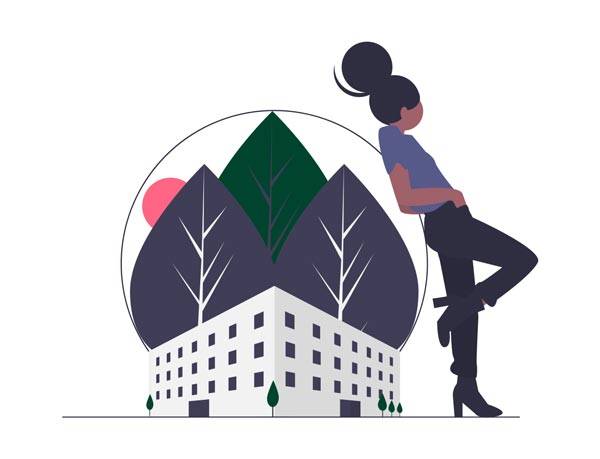 illustration of woman leaning against building