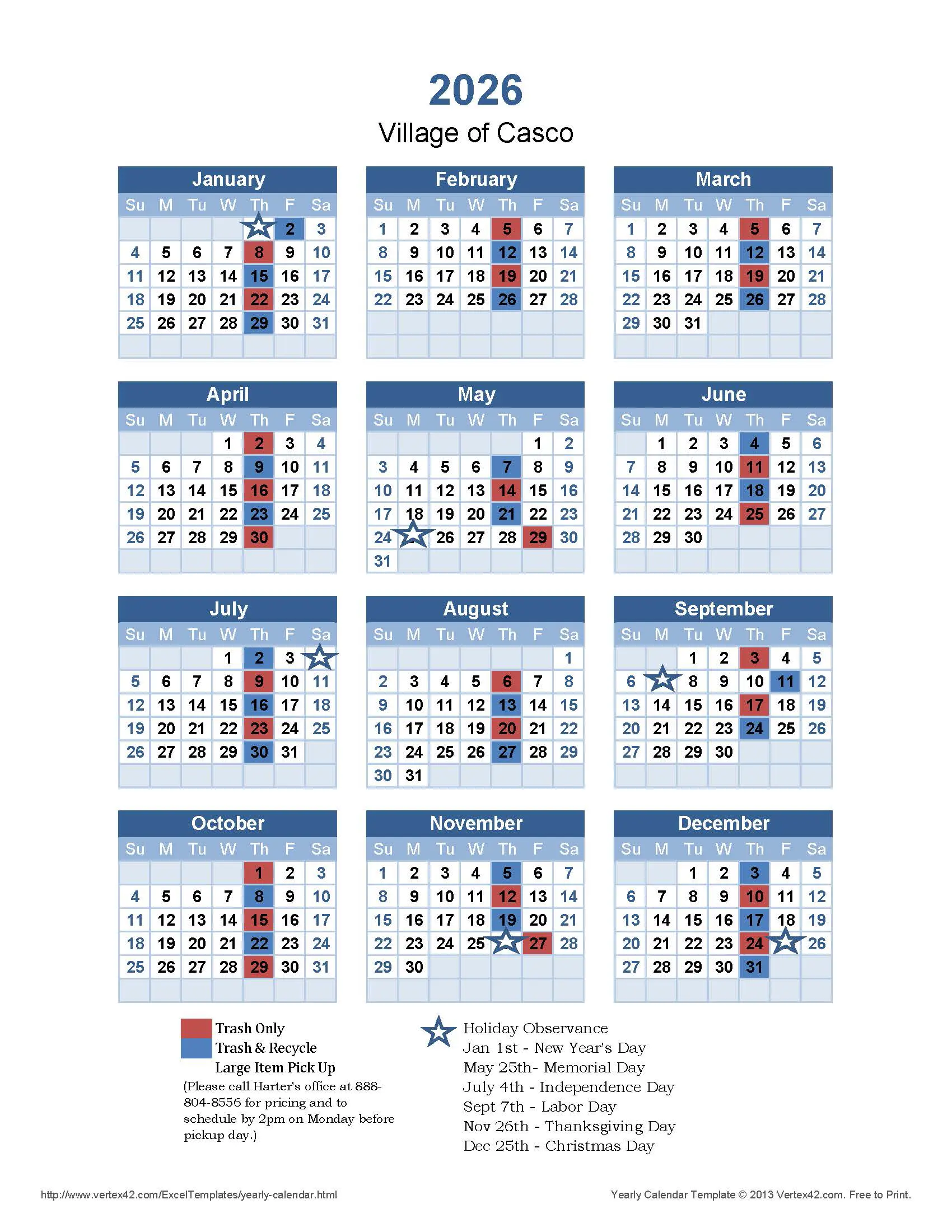 Harters waste pickup calendar